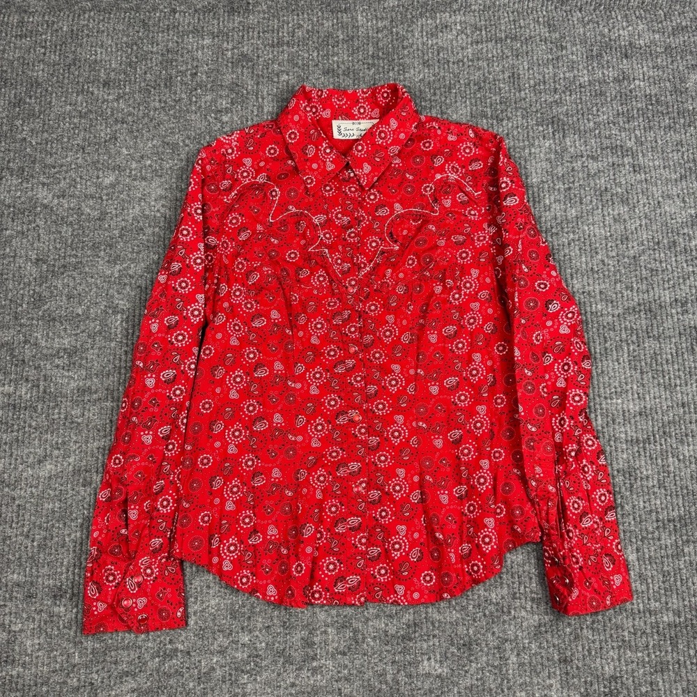 Vtg 90s Y2K Sara Studio Western Pearl Snap Shirt Womens S/M Red‎ Bandana Print